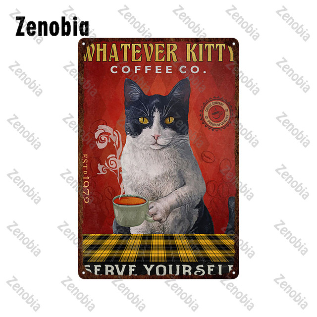 Art Animal Pet Metal Painting Black Cat Metal Poster Funny Vintage Plaque Metal Tin Signs Cat Sitting On Toilet Tin Plate for Bathroom Livingroom Deco
