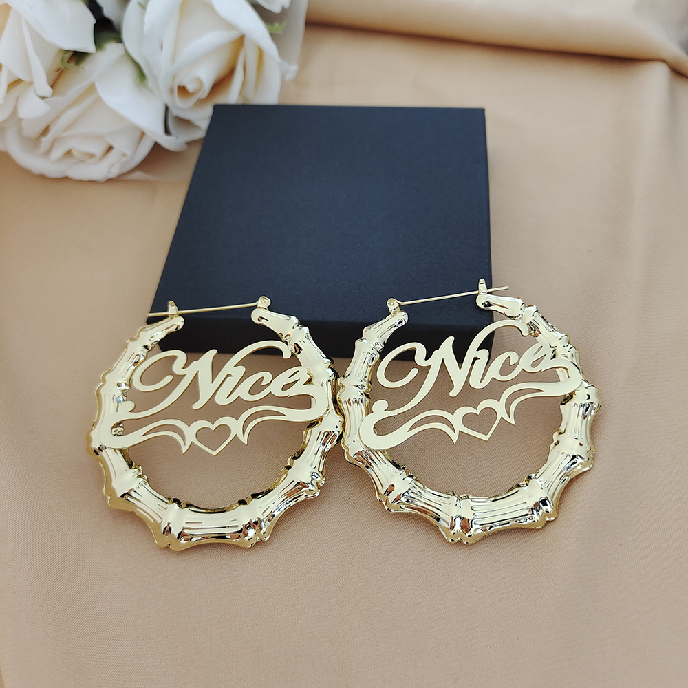 Hoop Huggie 30mm100mm Bamboo Earrings Customize Name Earrings Custom Hoop Bamboo Style Personality Earrings With Heartshaped with gift box 230808