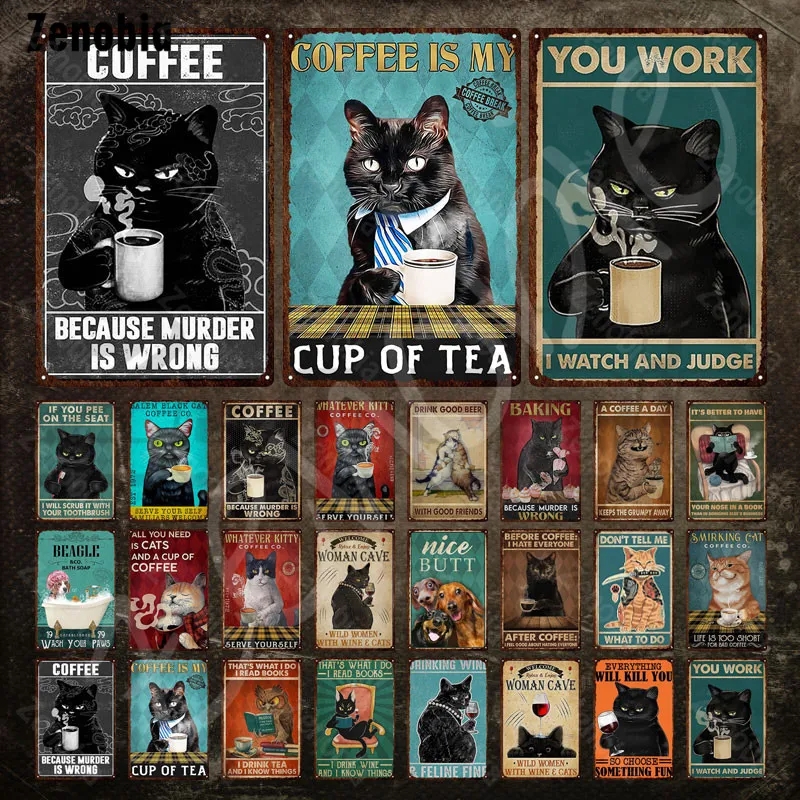 Black Cat Metal Poster Drinking Coffee and Beer Cat Metal Sign Read Books Tin Sign Plate Funny Animal Vintage Plaque for Pet Room Home Art Custom Deco