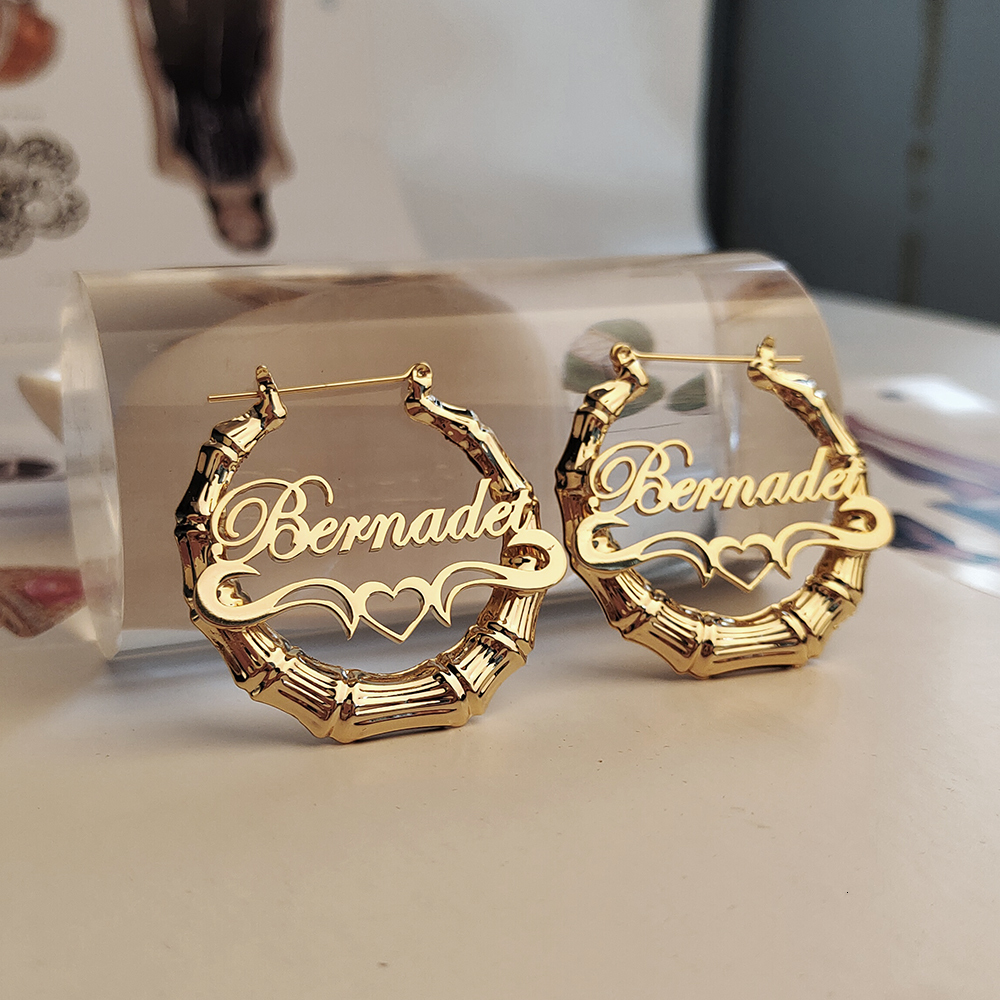Hoop Huggie 30mm100mm Bamboo Earrings Customize Name Earrings Custom Hoop Bamboo Style Personality Earrings With Heartshaped with gift box 230808