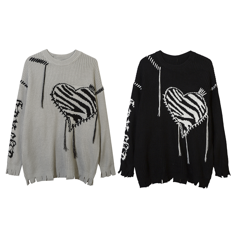 Men's Sweaters Love Pattern Ripped Tassel Hole Casual Pullover Sweater for Men and Women Baggy Y2k Ropa Hombre Moletom Masculinos Knitted Tops 23