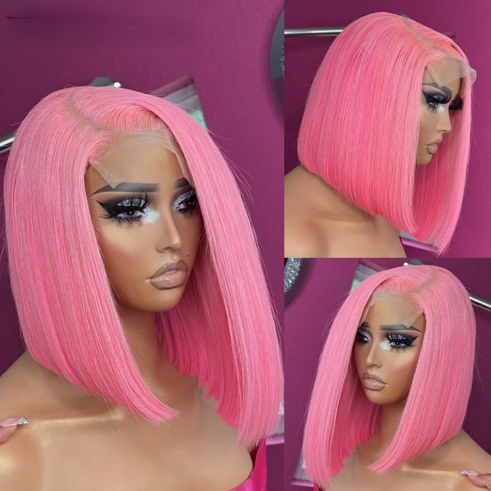 Free shipping Pink Short Front Human Hair 180 Density Bob Lace Wigs For Women Straight Synthetic Closure Wig