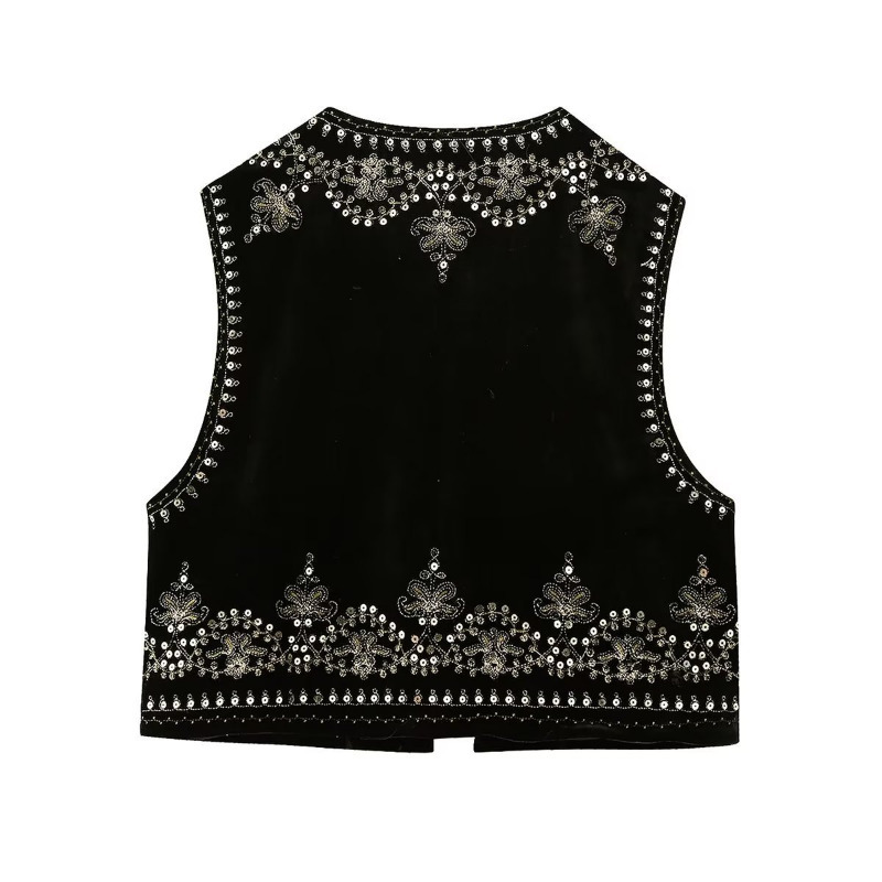 Women's Vests Women Vintage O Neck Sequins Flower Embroidery Short Vest Jacket Ladies Sleeveless Casual Velvet WaistCoat Tops 230808