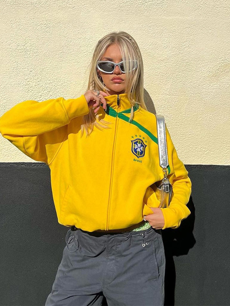 Men's Hoodies Sweatshirts American Yellow Stand Collar Sweatshirts Y2K Street 2000s Retro Letter Embroidery Long Sleeve Zipper Brazil Hoodie Jack