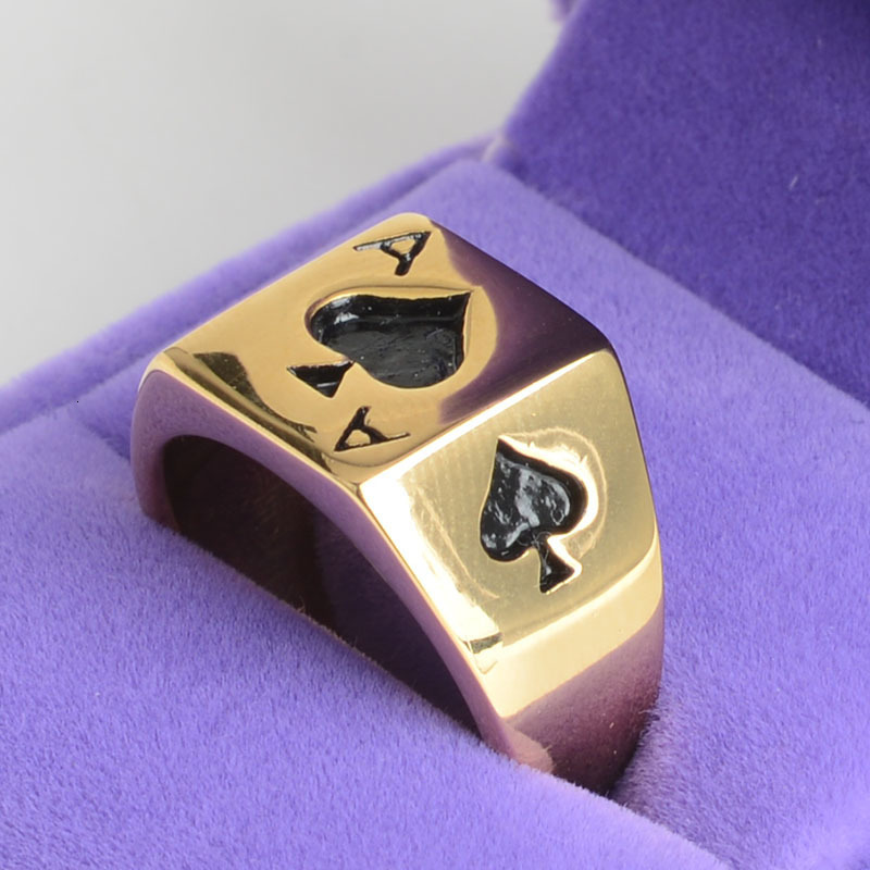 Wedding Rings HIP Hop Micro Pave Iced Out Bling Big Square Spades Poker IP Plating Gold Color Stainless Steel Rings for Men Jewelry 230808