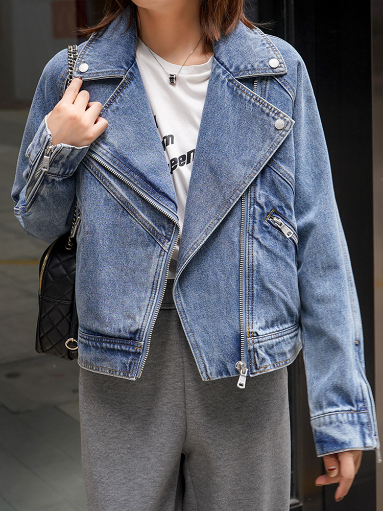 Womens Jackets Fitaylor Spring Autumn Motorcycle Denim Jacket Women Fashion Lapel Zipper Short Cowboy Streetwear Vintage Loose Coat Outwear 230808