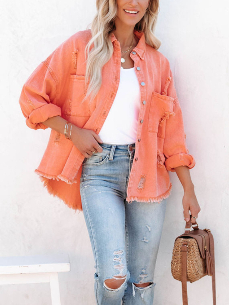 Womens Jackets for Women Spring Autumn Lapel Long Sleeve Denim Coat Vintage Clothing Streetwear Ladies Tops Coats Frayed 230808