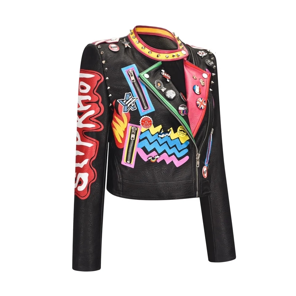 Womens Jackets Punk Rock Leather Jacket Women Fashion Graffiti Print Coats and Crazy Style Rivets badge Decor 230808