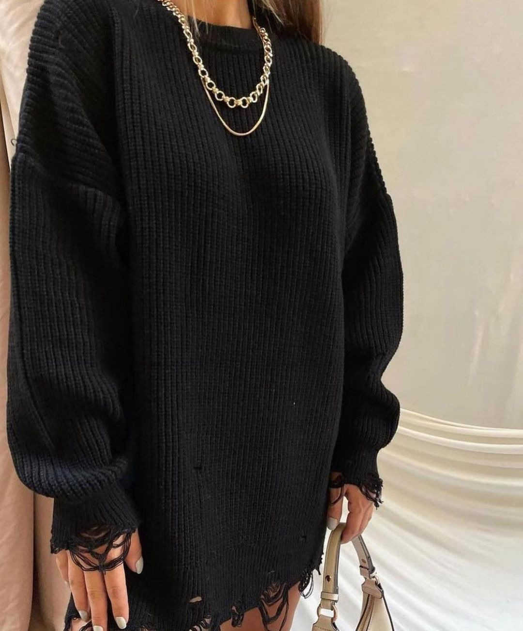 2023 New Knitted Round Neck Loose Split Mid Length Long Sleeve Sweater
