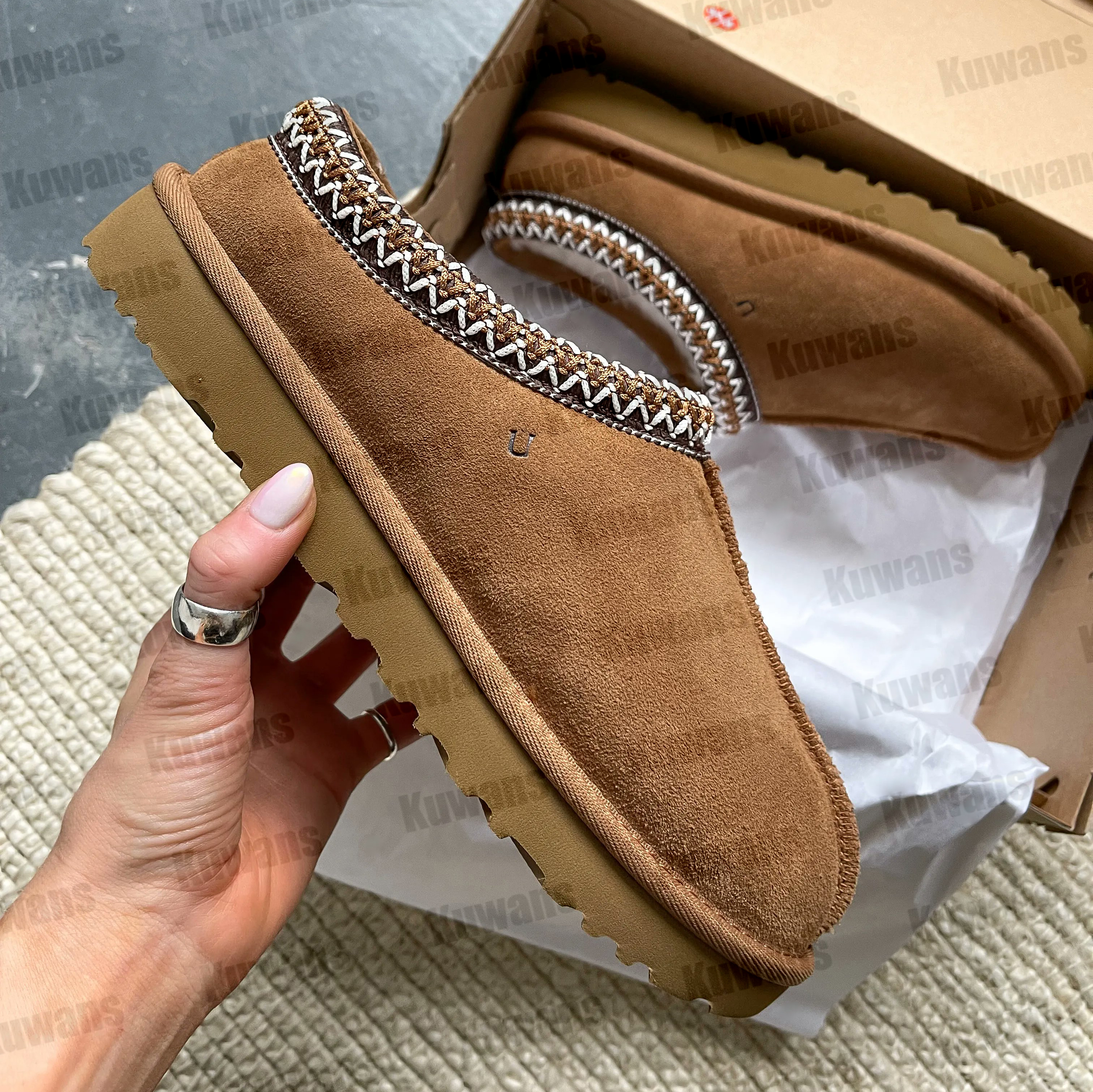 Tasman Slippers Tazz mustard seed Chestnut Fur Slides Sheepskin Classic Ultra Mini Platform Boot Winter Women Men Slip-on Shoes Suede Upper Wool Fall