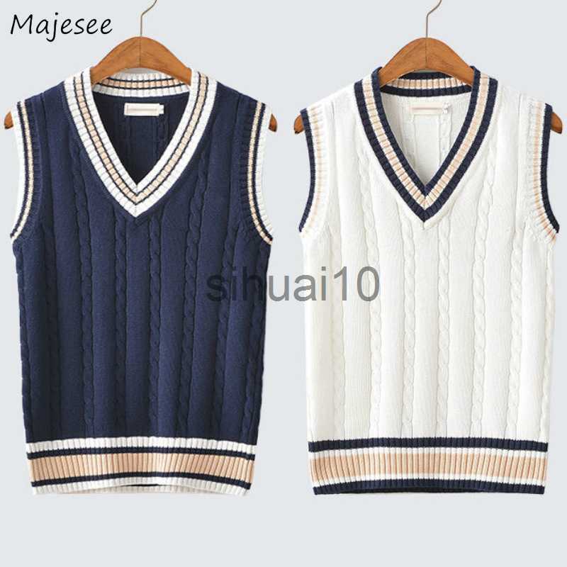 Men's Sweaters Sweater Vest Men Thicken V-neck Sleeveless Knitted Sweaters Vests Striped Retro Preppy-style Simple Chic Loose Casual All-match J230808
