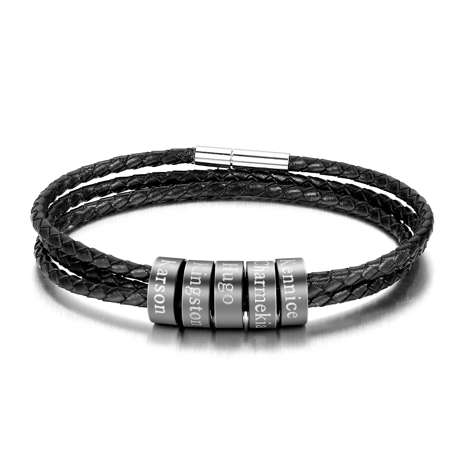 Charm Bracelets Father'sDay Gift Leather Cord Bracelet Personalized Family Name Pendant Stainless Steel Beads Custom Engraved Name Gift for Men 2
