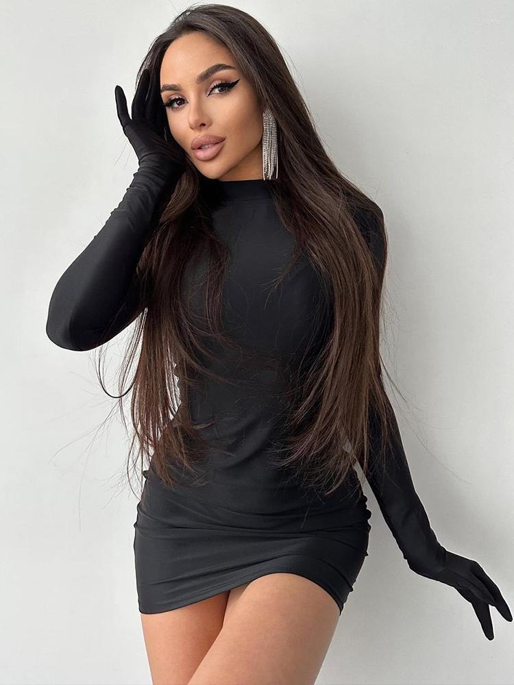 Casual Dresses Popular Round Collar Bodycon Women Dress With Gloves Autumn Cute Long Sleeve Elegant Black Mini For Party Night