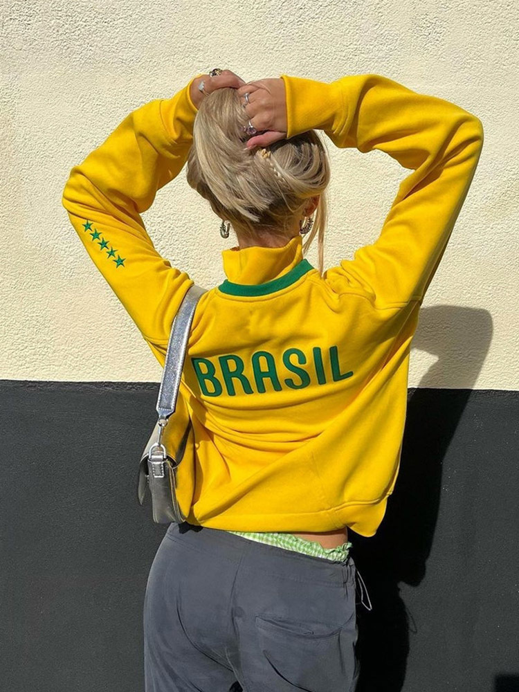 Men's Hoodies Sweatshirts American Yellow Stand Collar Sweatshirts Y2K Street 2000s Retro Letter Embroidery Long Sleeve Zipper Brazil Hoodie Jack