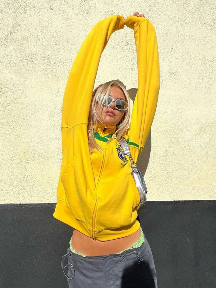 Men's Hoodies Sweatshirts American Yellow Stand Collar Sweatshirts Y2K Street 2000s Retro Letter Embroidery Long Sleeve Zipper Brazil Hoodie Jack