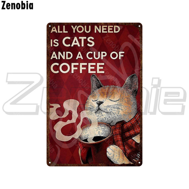 Black Cat Metal Poster Drinking Coffee and Beer Cat Metal Sign Read Books Tin Sign Plate Funny Animal Vintage Plaque for Pet Room Home Art Custom Deco