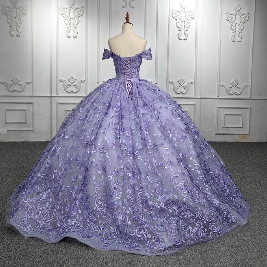 Lilac Lavender Off Shoulder Quinceanera Dresses Lace Floral Applique Beaded Corset Chapel Train vestidos de 15 quinceanera