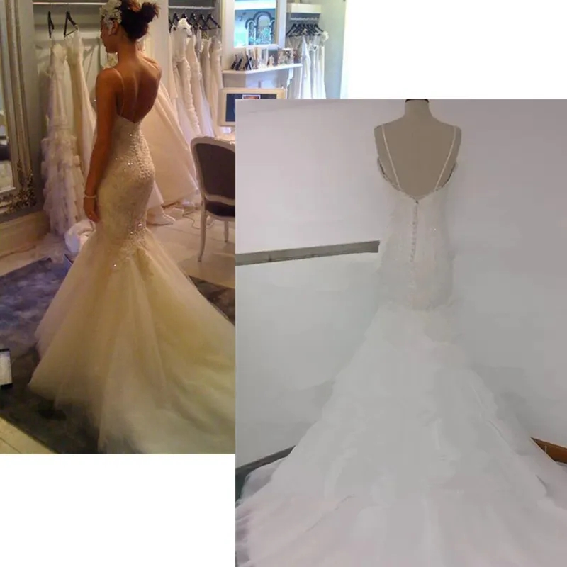 Plus Size Arabic Aso Ebi Mermaid Luxurious Wedding Dress Spaghetti Straps Applique Sparkly Real Image Bridal Gowns