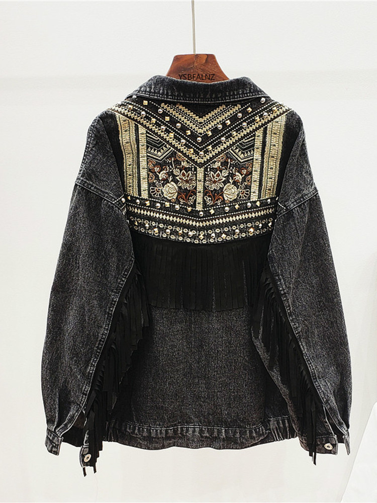 Womens Jackets Spring Autumn Embroidered Tassel Denim Coat Top Korean Vintage Ethnic Style Loose Jacket Women 230808