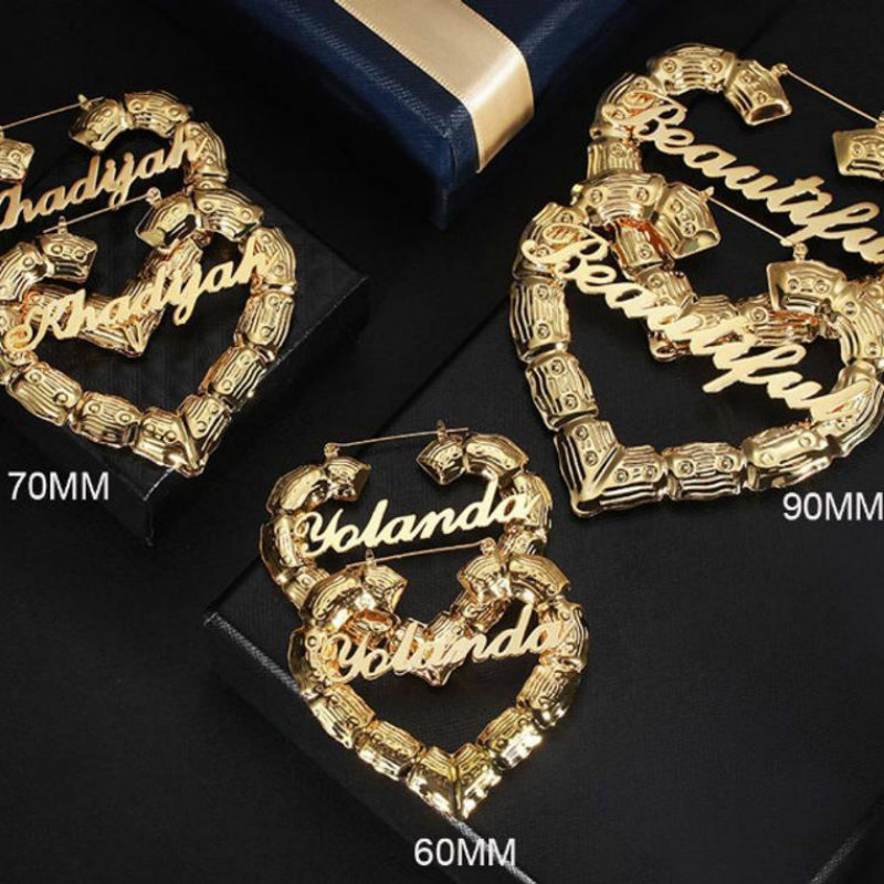 Hoop Huggie 70mm Custom Earrings Love shape Hiphop Sexy Bamboo Hoop Earrings Customizable Name Earrings Bamboo Style Heart Bamboo Earrings 230808