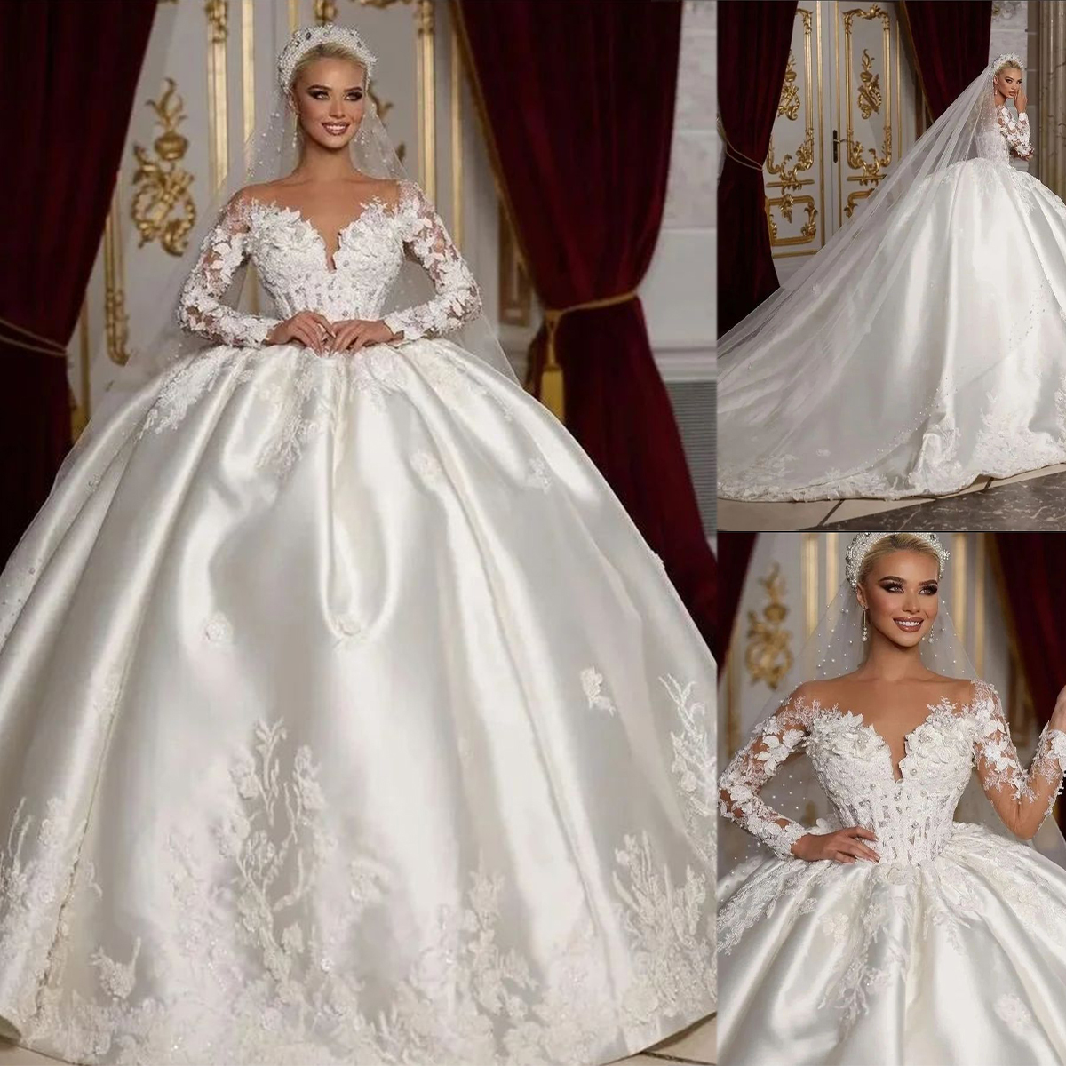 Satin Ball Gown Wedding Dress Lace Appliques Sheer Neck Bridal Gowns Long Sleeve Sweep Train Bride Dress vestido de casamento