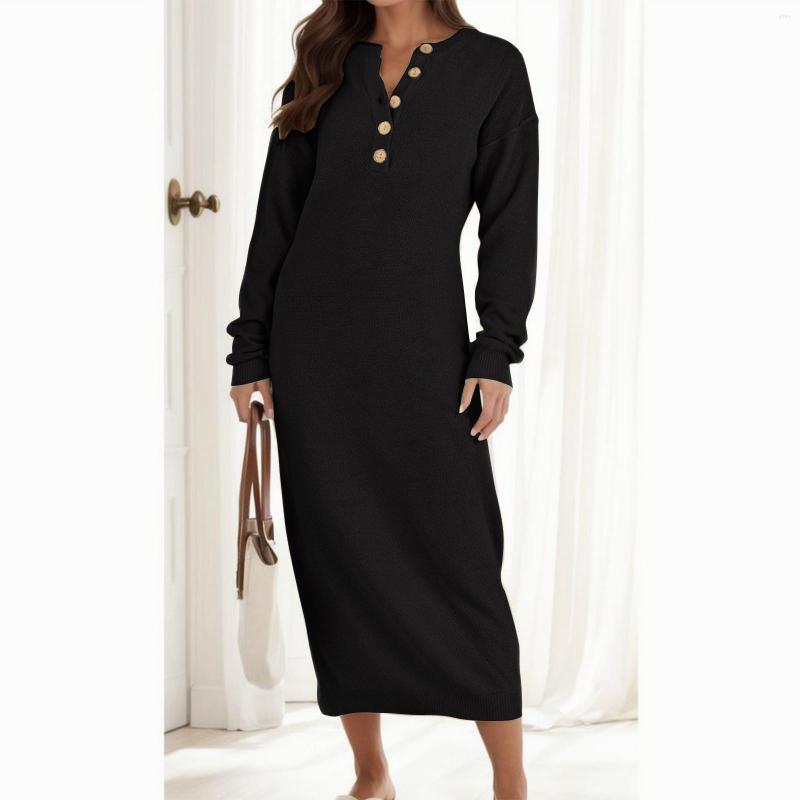 Casual Dresses Elegant Knitted Sweater Dress Women Autumn Winter Long Sleeve V Neck Female Fashion Loose Button Slim
