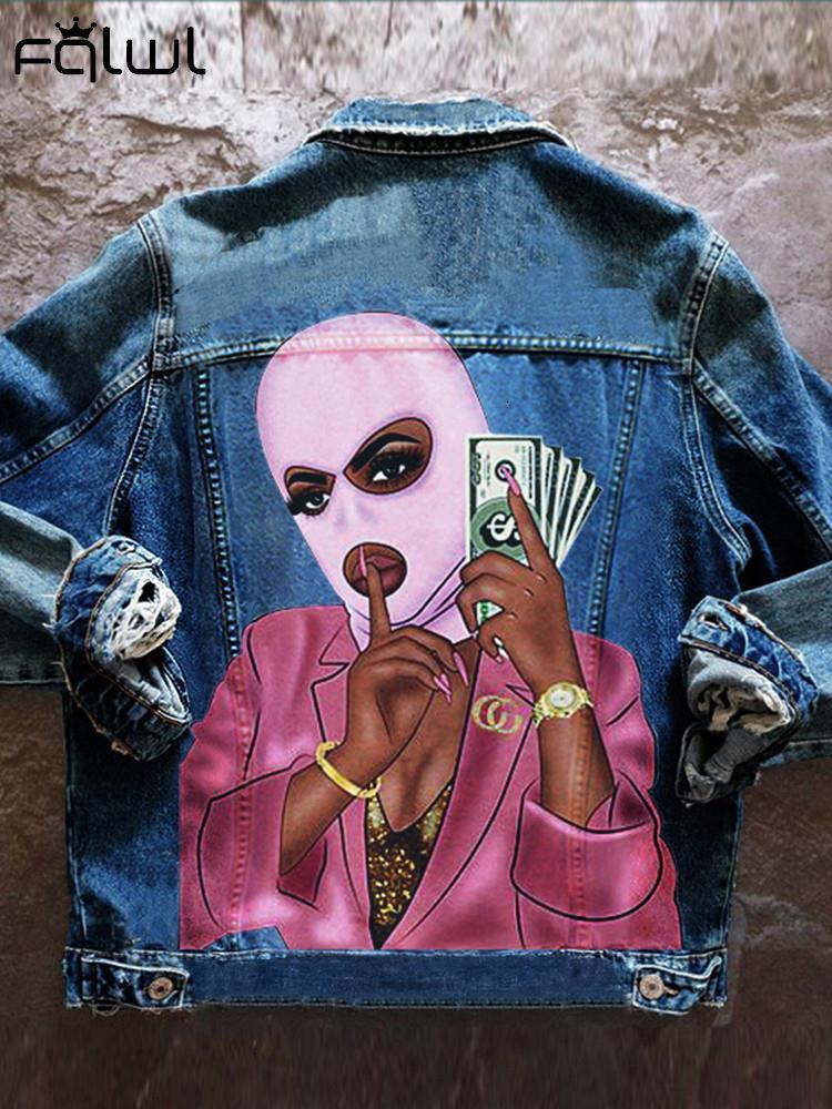 Womens Jackets FQLWL Streetwear Loose Fashion Jeans For Women Print Button Top Denim Coats Black Jacket Female 230808