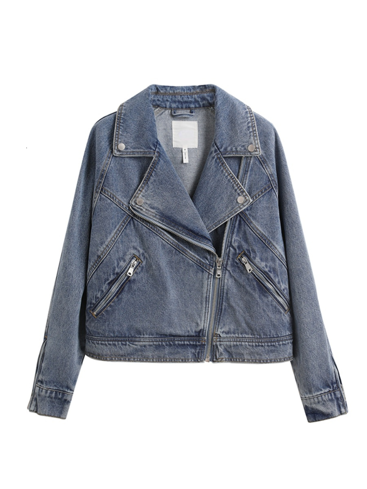 Womens Jackets Fitaylor Spring Autumn Motorcycle Denim Jacket Women Fashion Lapel Zipper Short Cowboy Streetwear Vintage Loose Coat Outwear 230808