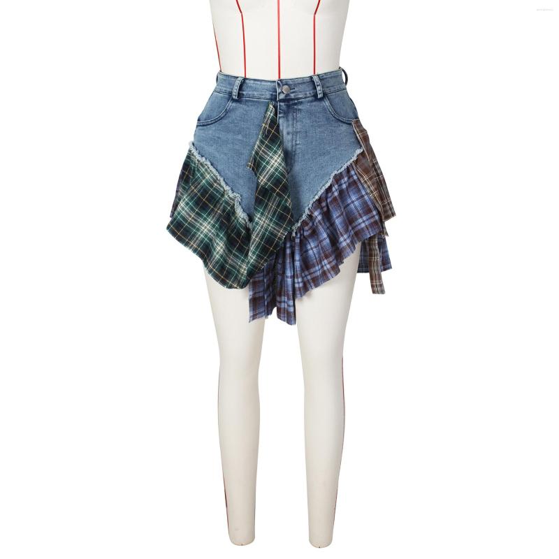 Skirts Streetwear For Woman Sexy Irregular Plaid Paneled Denim Mini Skirt Summer Patchwork Vintage Jeans Female Y2k Short D