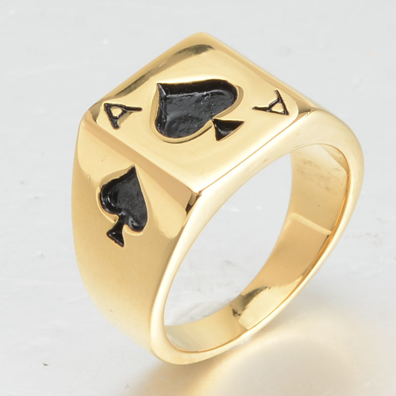 Wedding Rings HIP Hop Micro Pave Iced Out Bling Big Square Spades Poker IP Plating Gold Color Stainless Steel Rings for Men Jewelry 230808