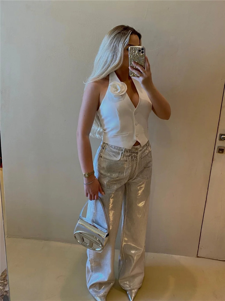 Women's Vests TRAF Flowers White Vest Woman Off Shoulder Halter Crop Top Women Streetwear Summer Backless Chic And Elegant Woman Jacket 230808
