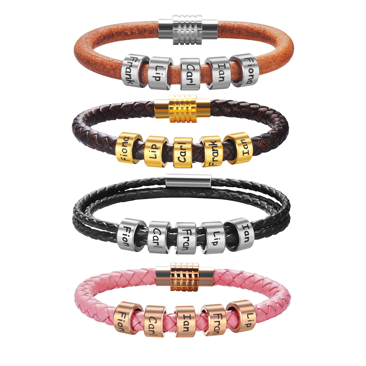 Charm Bracelets Custom Family Names Bracelet for Men Personalized Braided Leather Bracelets Stainless Steel Beads Charm Bangle Father's Day Gift 