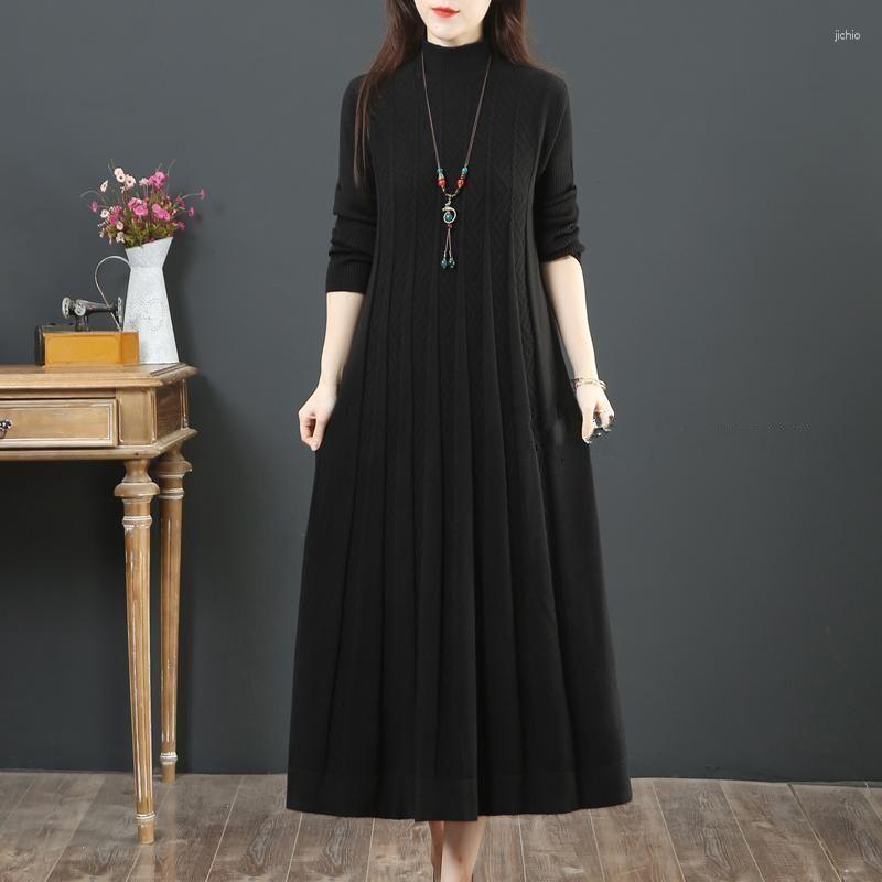 Casual Dresses Winter Long Knit Women Loose Solid Color Sweater Knitted Pullover Streetwear Female Sleeve Warm V12