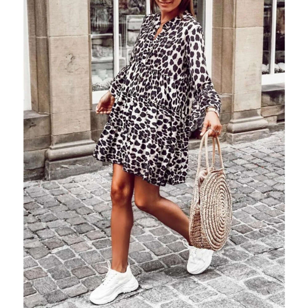 Spring And Summer Womens Animal Print Dress Long Sleeve V Neck Casual Resort Short