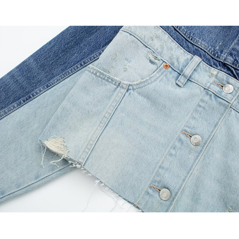 Womens Jackets TRAF Patchwork Denim Jacket Women Blue Jean Cropped Woman Long Sleeve Bomber for Streetwear Ripped Coats 230808