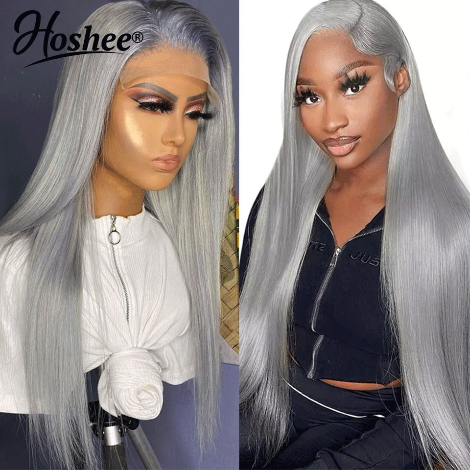 13x4 Straight Silver Grey Human Hair Wigs For Women Gray Transparent HD Lace Frontal Wig Glueless Colored Synthetic Wig Preplucked