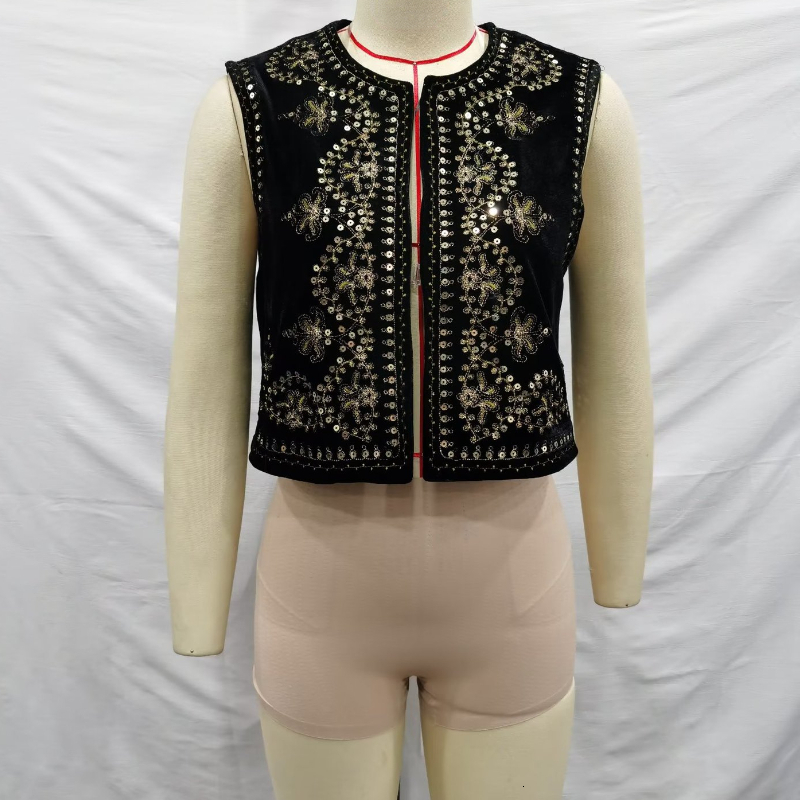 Women's Vests Women Vintage O Neck Sequins Flower Embroidery Short Vest Jacket Ladies Sleeveless Casual Velvet WaistCoat Tops 230808