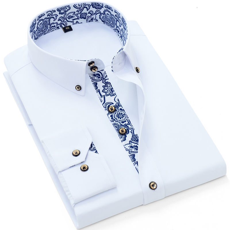 Men's Casual Shirts Blue-and-white Porcelain Collar Shirt Men Long Sleeve Korean SlimFit Casual Business Dress Shirts Solid Color White Shirt Cot