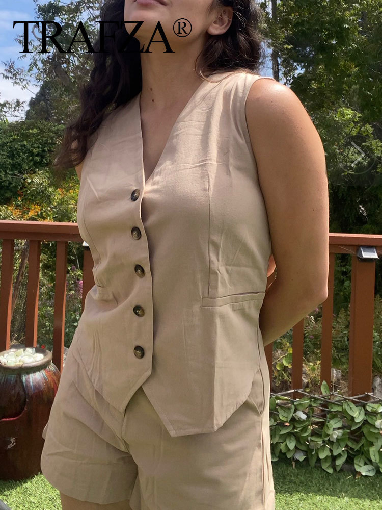 Women's Vests TRAFZA Summer Women Elegant Solid Waistcoat Single Breasted V Neck Casual Vest Top Female Fashion Streetwear Chic Outerwear Vest 23