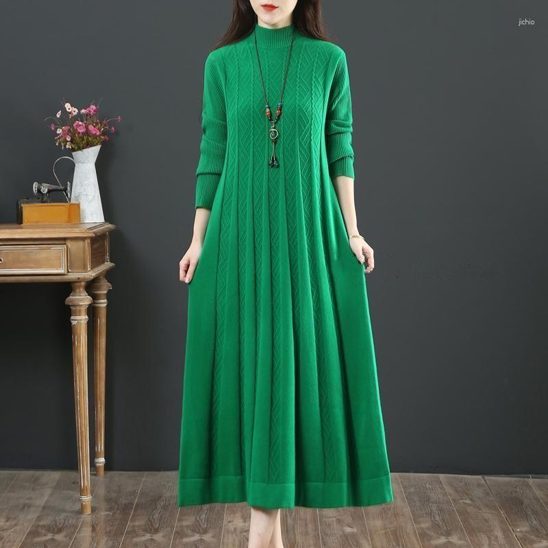 Casual Dresses Winter Long Knit Women Loose Solid Color Sweater Knitted Pullover Streetwear Female Sleeve Warm V12
