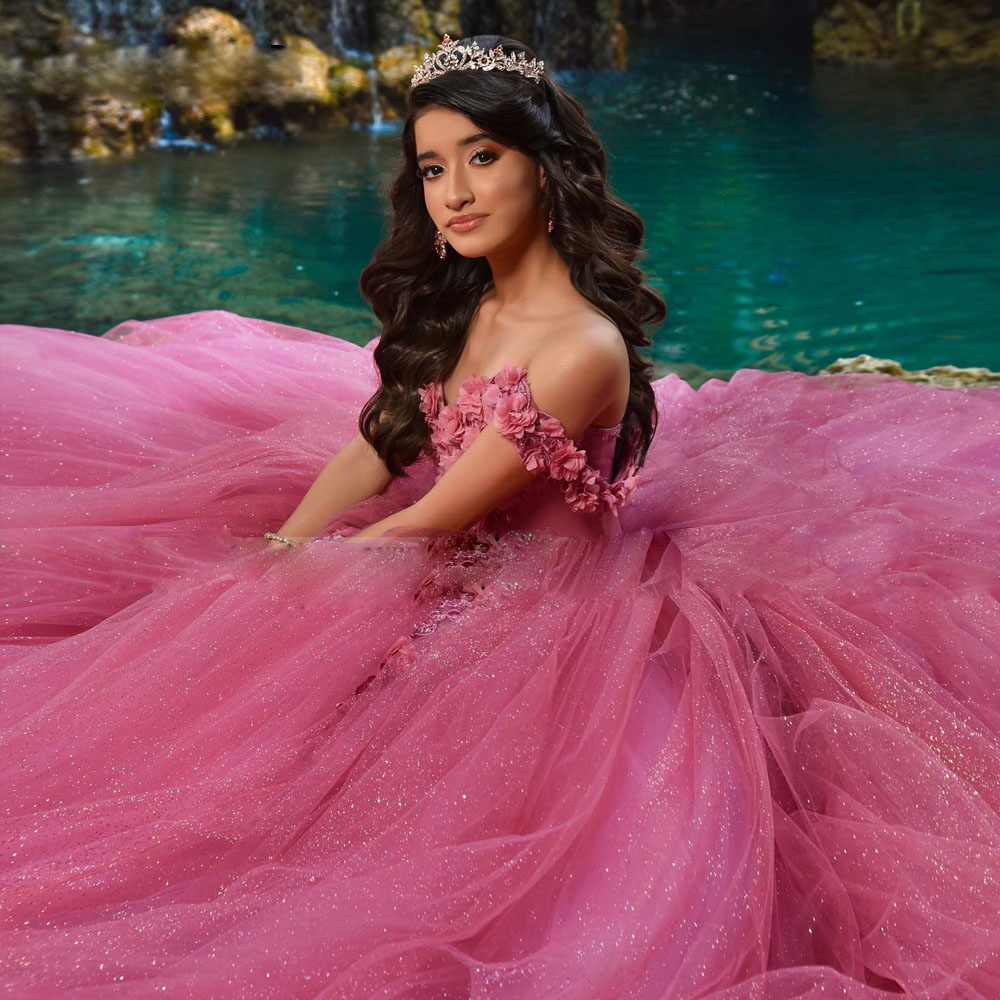 Sweety Off the Shoulder Quinceanera Dresses 3D Flower Lace Applique Sweet 15 Prom Gown Glitter Ball Gown Junior Birthday Photography Dress