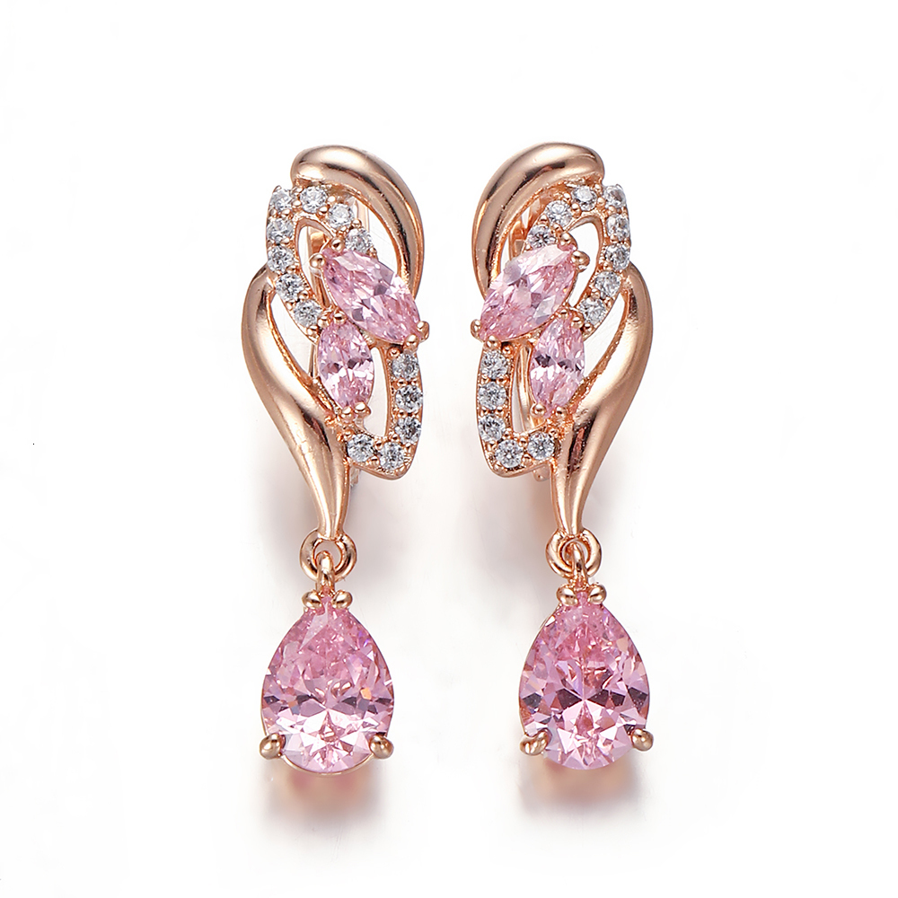 Dangle Chandelier Hanreshe Drop Earrings Quality Cubic Zirconia Rose Gold Color Pink Crystal Earring Fashion Jewelry Party Accessories Woman Gift 2308