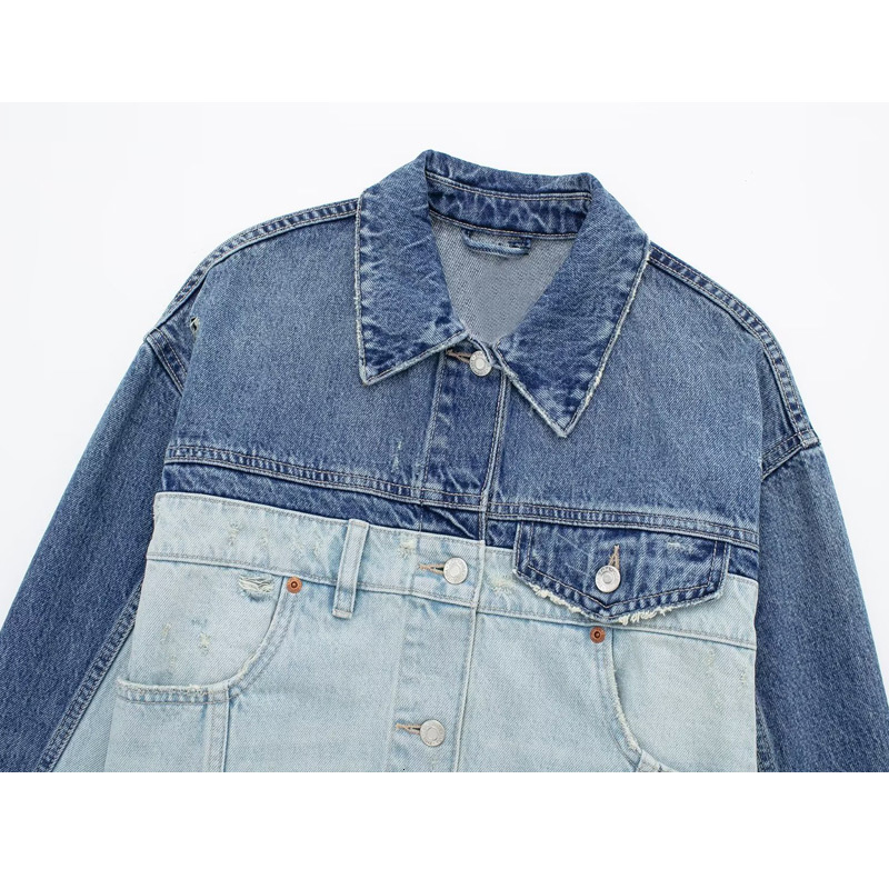 Womens Jackets TRAF Patchwork Denim Jacket Women Blue Jean Cropped Woman Long Sleeve Bomber for Streetwear Ripped Coats 230808
