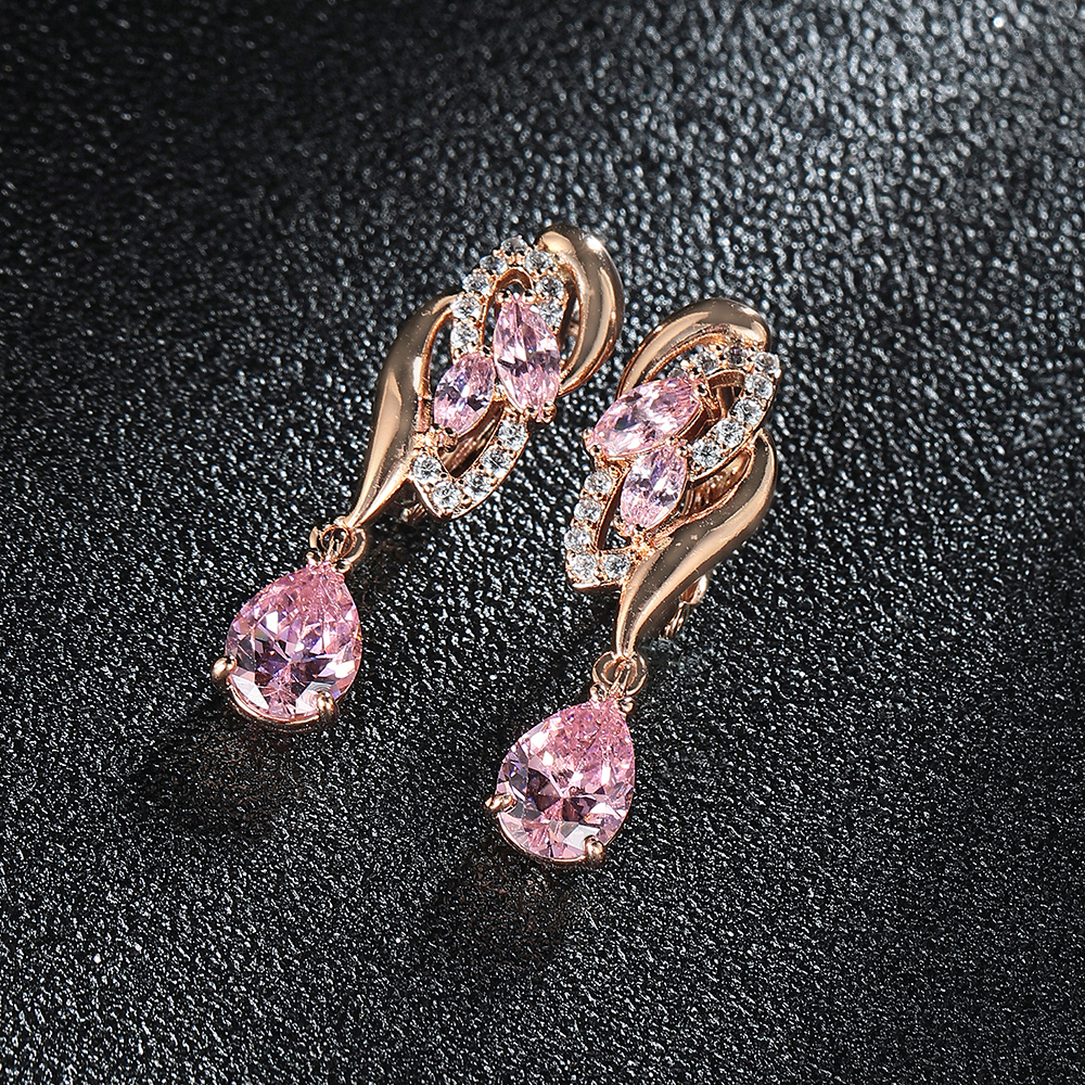Dangle Chandelier Hanreshe Drop Earrings Quality Cubic Zirconia Rose Gold Color Pink Crystal Earring Fashion Jewelry Party Accessories Woman Gift 2308