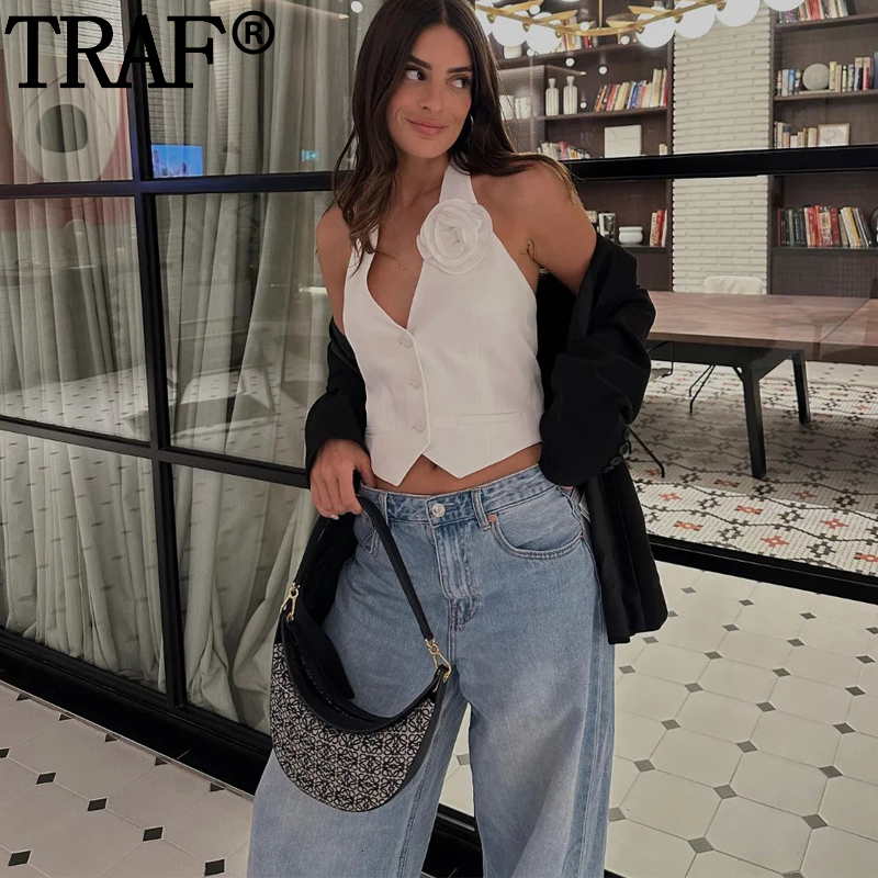 Women's Vests TRAF Flowers White Vest Woman Off Shoulder Halter Crop Top Women Streetwear Summer Backless Chic And Elegant Woman Jacket 230808