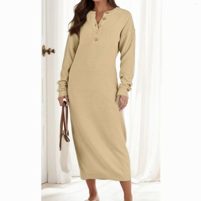 Casual Dresses Elegant Knitted Sweater Dress Women Autumn Winter Long Sleeve V Neck Female Fashion Loose Button Slim