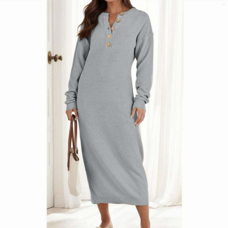 Casual Dresses Elegant Knitted Sweater Dress Women Autumn Winter Long Sleeve V Neck Female Fashion Loose Button Slim