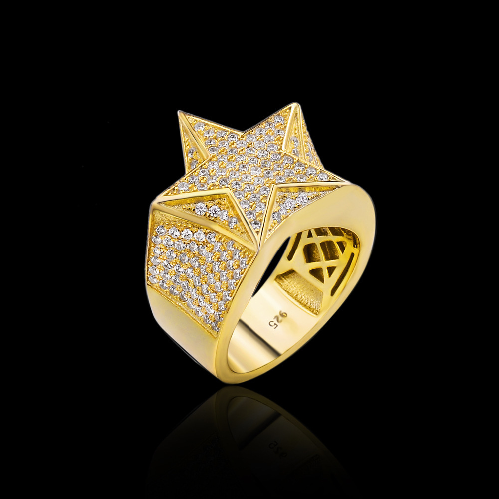 Wedding Rings JEWE S925 Fancy 14K Gold Plated FivePointed Star Ring CZ Stone Ring Iced Out Cubic Zirconia Hip Hop Jewelry Mens Diamond Ring 230808