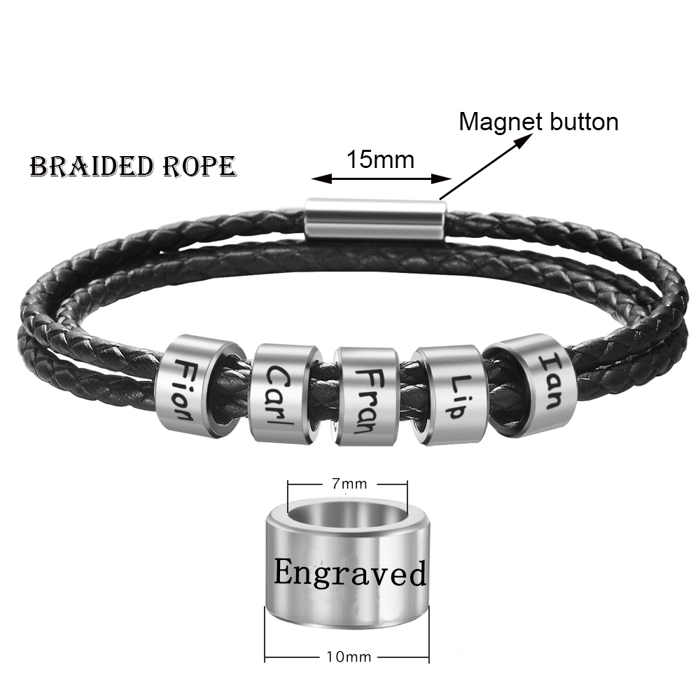 Charm Bracelets Custom Family Names Bracelet for Men Personalized Braided Leather Bracelets Stainless Steel Beads Charm Bangle Father's Day Gift 