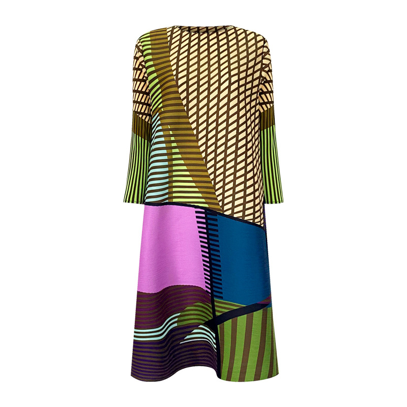 0C475M15 # Summer Women's Dress Japanese and Korean Casual Pleated Round Neck Geometric Digital Printing
